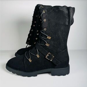 Black Over-the-Knee Lace-Up Combat Boots with Gold Accents 11 Women’s